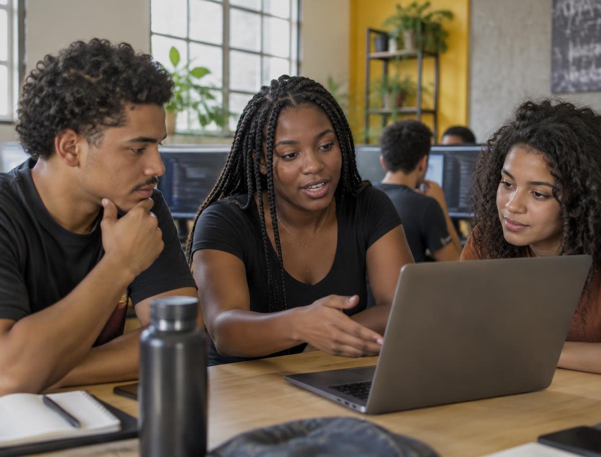 Jovens compartilhando ideias durante uma atividade de formação